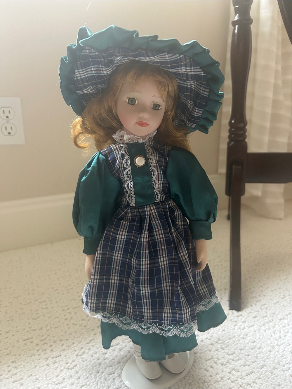 Green Plaid Dress Porcelain Doll with Ruffled Hat